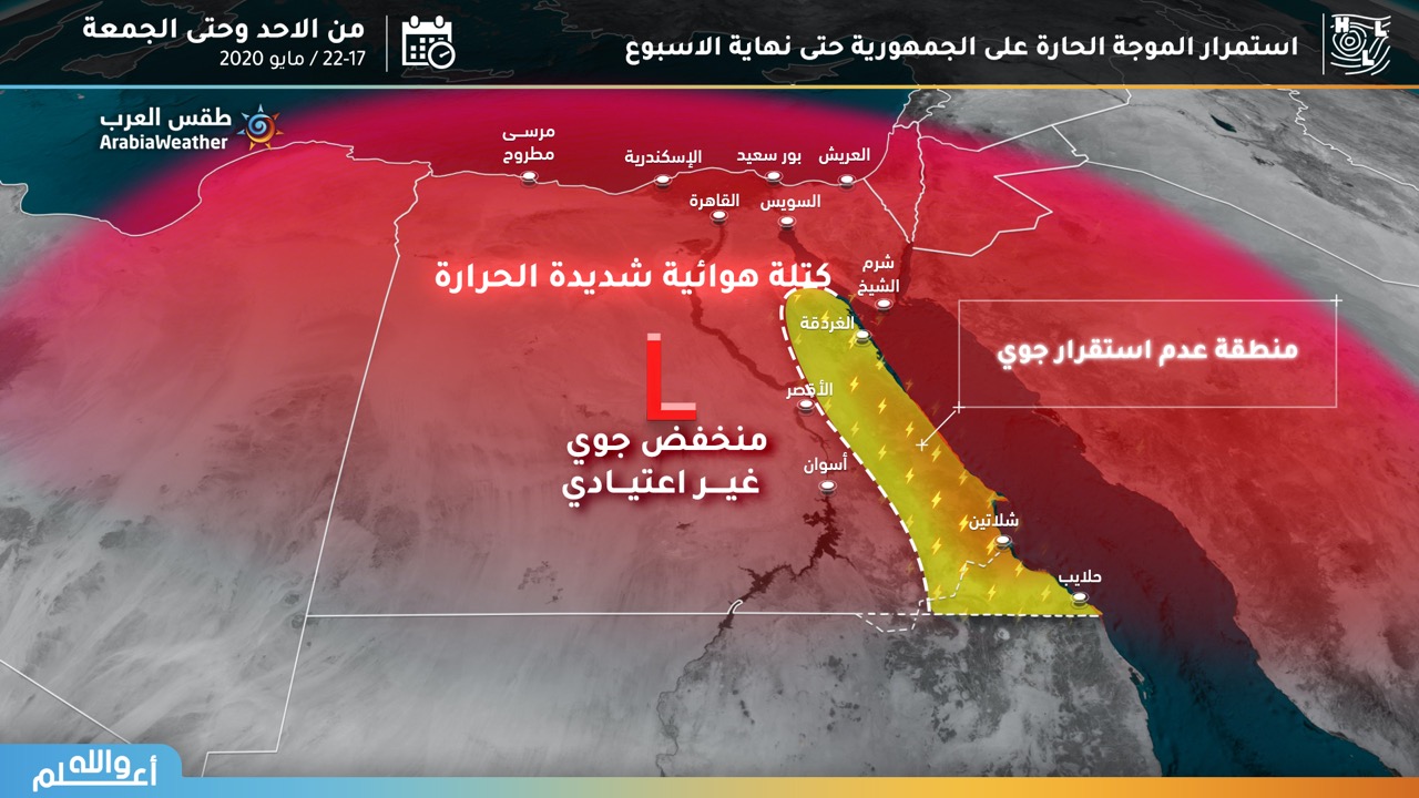 مصر   اشتداد الاجواء الحارة و استمرار فرص الامطار الرعدية جنوب و شرق البلاد   طقس العرب