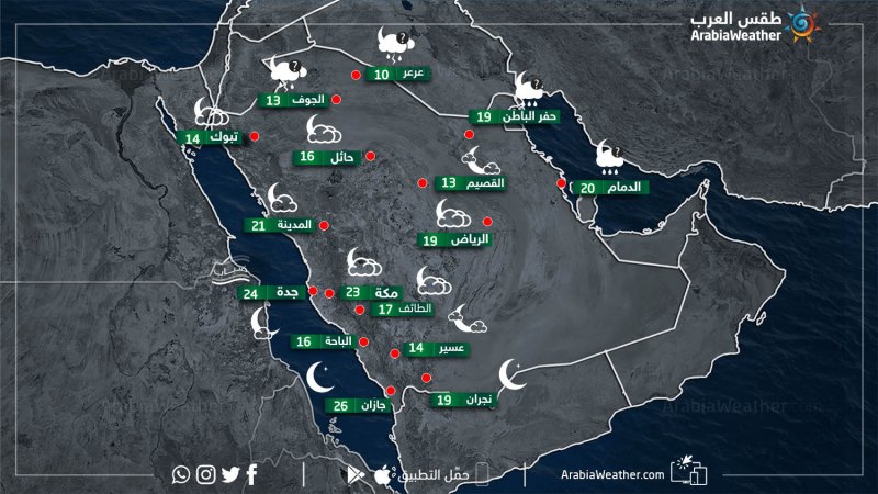 حالة الطقس ودرجات الحرارة في بعض المدن السعودية ليلة يوم السبت 23-3-2019