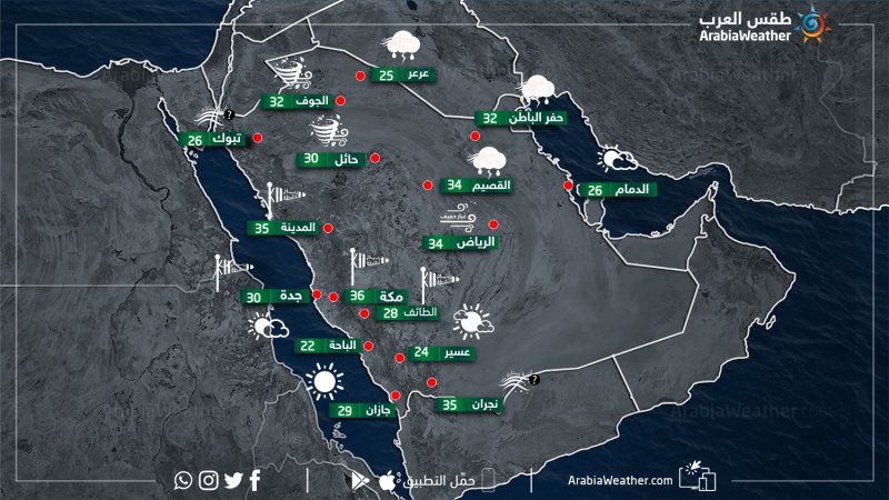 حالة الطقس ودرجات الحرارة في بعض المدن السعودية نهار يوم الأحد 24-3-2019