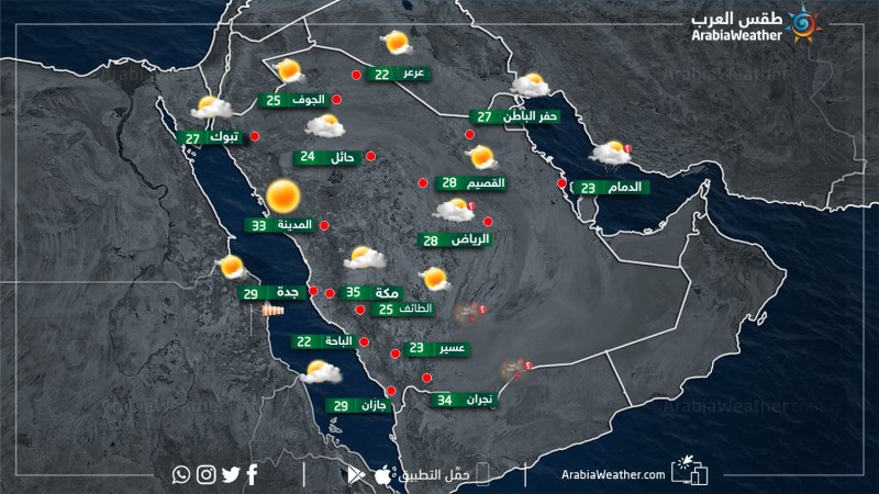 حالة الطقس ودرجات الحرارة في بعض المدن السعودية نهار يوم الخميس 21-3-2019