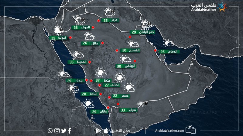 حالة الطقس ودرجات الحرارة في بعض المدن السعودية نهار يوم السبت 23-3-2019