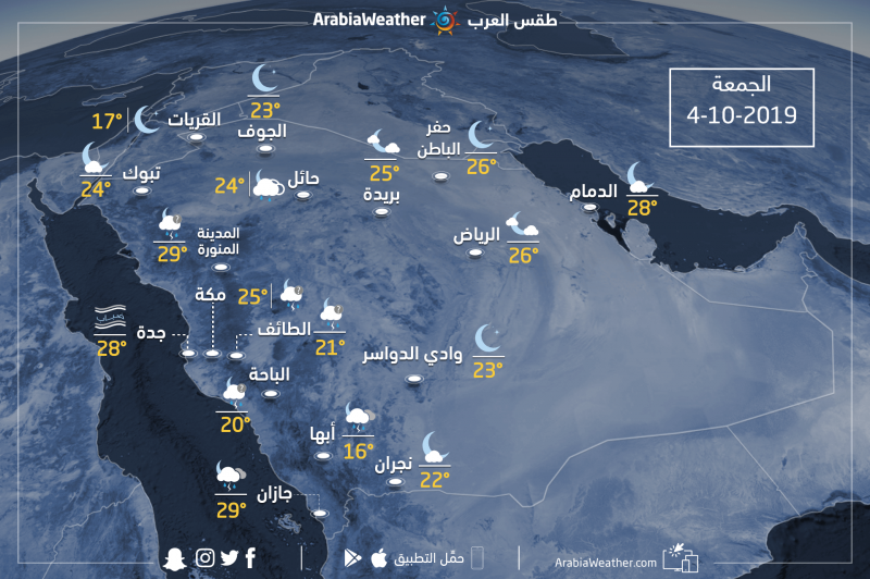 حالة الطقس ودرجات الحرارة في بعض المدن السعودية مساء يوم الجمعة 4-10-2019