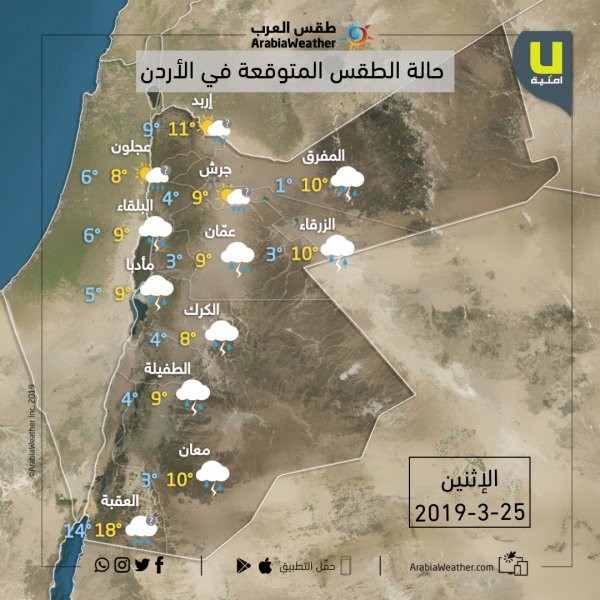 حالة الطقس ودرجات الحرارة في محاقظات المملكة يوم الإثنين 25-3-2019