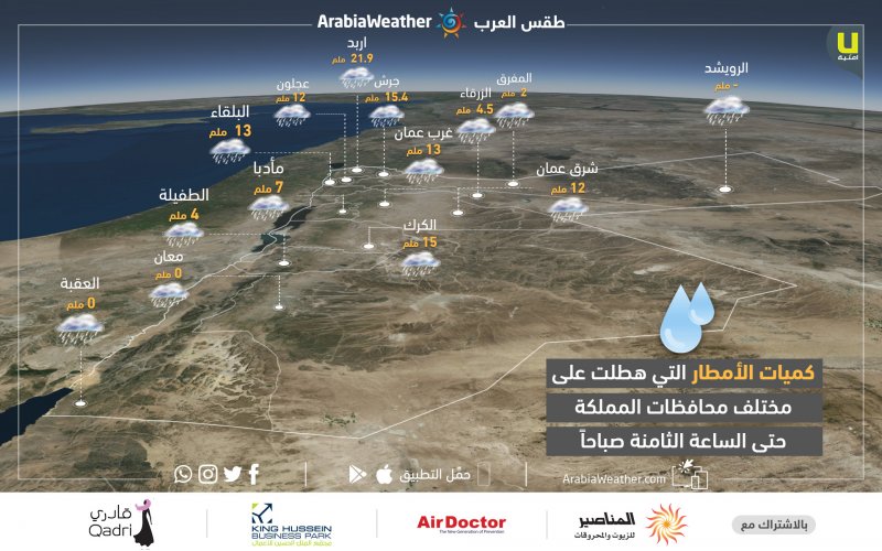 كميات الأمطار المسجلة يوم الإثنين 22-4-2019