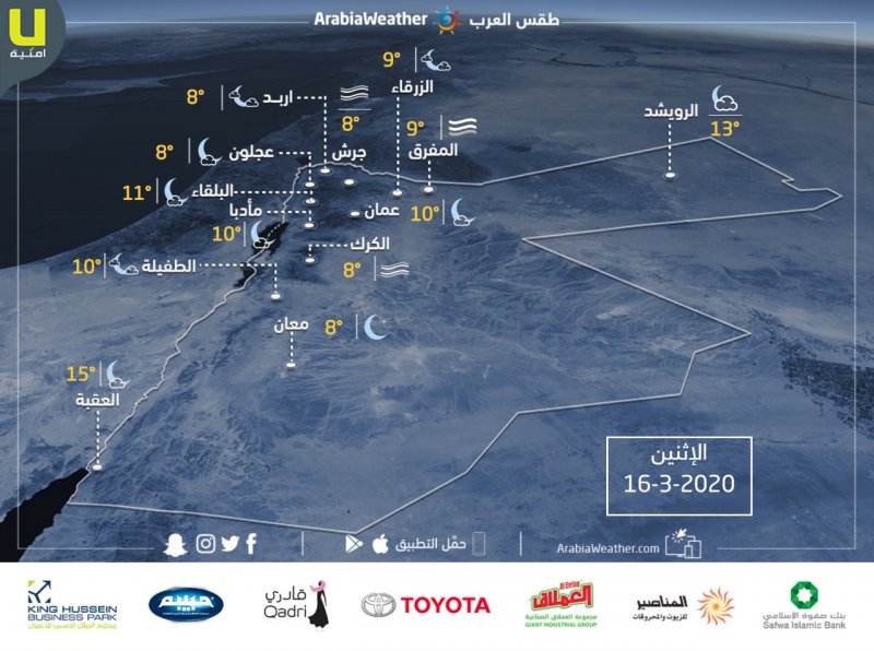 Ø§Ù„Ø£Ø±Ø¯Ù† Ø­Ø§Ù„Ø© Ø§Ù„Ø·Ù‚Ø³ ÙˆØ¯Ø±Ø¬Ø§Øª Ø§Ù„Ø­Ø±Ø§Ø±Ø© Ø§Ù„Ù…ØªÙˆÙ‚Ø¹Ø© Ù„ÙŠÙˆÙ… Ø§Ù„Ø¥Ø«Ù†ÙŠÙ† 16 3 2020 Ø·Ù‚Ø³ Ø§Ù„Ø¹Ø±Ø¨ Ø·Ù‚Ø³ Ø§Ù„Ø¹Ø±Ø¨