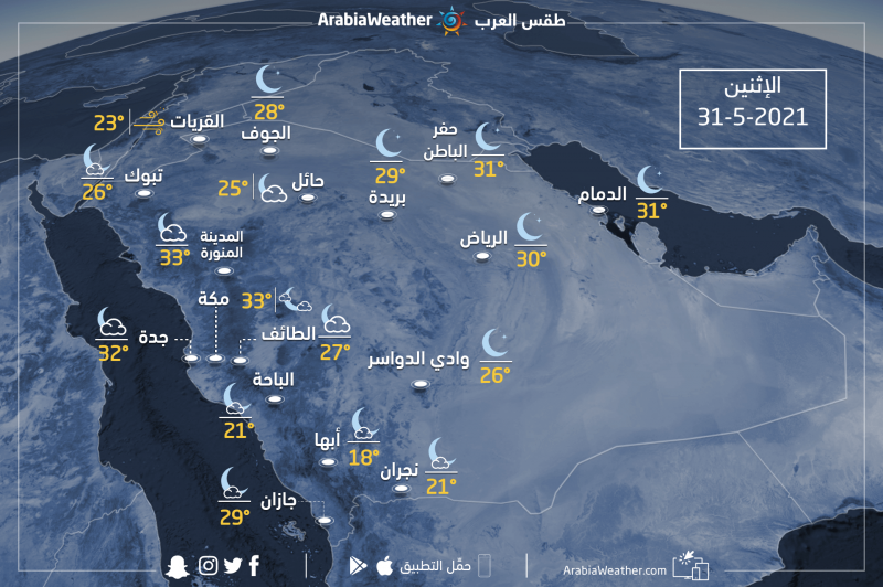 Weather forecast and expected temperatures in Saudi Arabia on Monday 5/